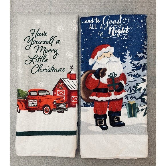 unbranded Other - Lot of 2 Merry Christmas Kitchen Towels Santa Red Truck Barn Holiday Decor
